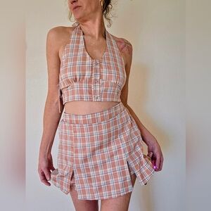 🍑NWT Two Piece Pastel Plaid Skort/ Halter Top Set